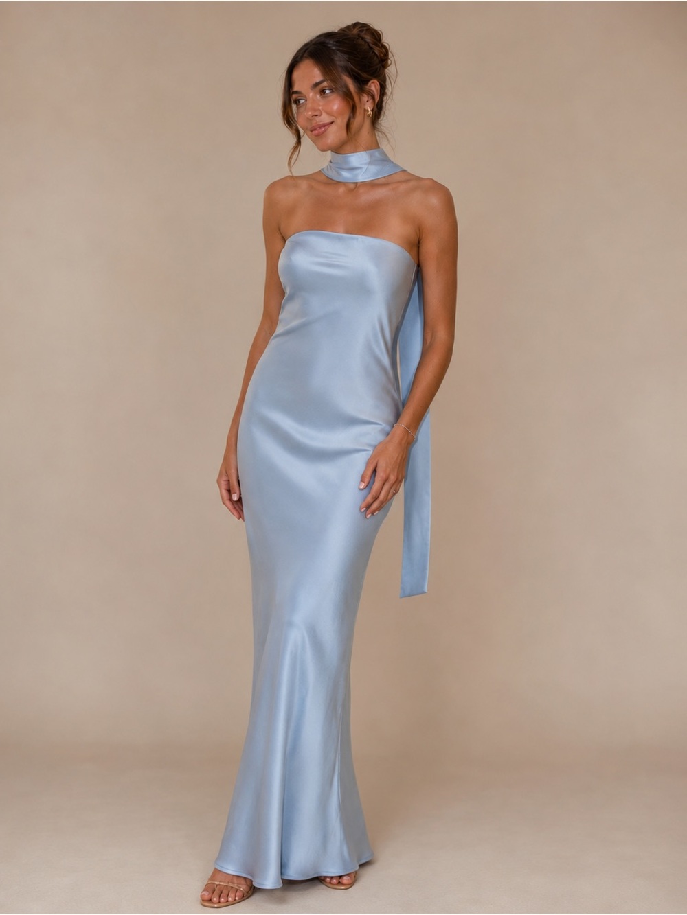 Reformation Oren Silk Dress Blue Strapless Maxi Dress Scarf Neck Gown Small - Picture 10 of 10